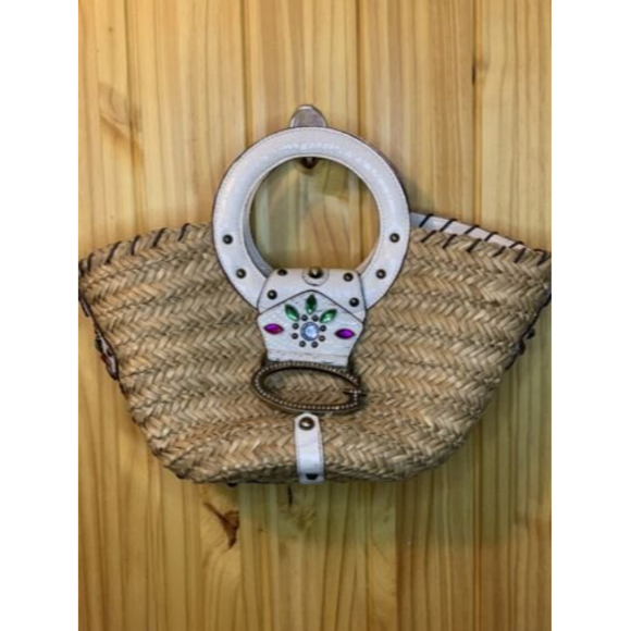 Vintage Guess Straw Woven Satchel Beach Tote Handbag Purse ,Bling,gems, Summer - Picture 1 of 9